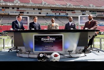 TAMPA, FL - FEBRUARY 01:  (L-R) The NFL Network pregame show with host Rich Eisen, former coach Steve Mariucci, hall of famer Deion Sanders, hall of famer Marshall Faulk and Warren Sapp before Super Bowl XLIII on February 1, 2009 at Raymond James Stadium 