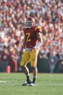 PASADENA, CA - JANUARY 1:  Taylor Mays #2 of the USC Trojans looks on against the Penn State Nittany Lions on January 1, 2009 at the Rose Bowl in Pasadena, California.  USC won 38-24.  (Photo by Jeff Golden/Getty Images)