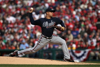 PHILADELPHIA - APRIL 08: Javier Vazquez #33 of the Atlanta Braves pitches against the Philadelphia Phillies at Citizens Bank Park on April 8, 2009 in Philadelphia, Pennsylvania. (Photo by Nick Laham/Getty Images)