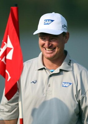 SHANGHAI, CHINA - NOVEMBER 07:  Ernie Els of South Africa smiles during the Pro-Am prior to the HSBC Champions at the Sheshan Golf Club on November 7, 2007 in Shanghai, China.  (Photo by Ross Kinnaird/Getty Images)