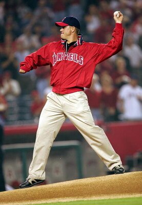 ANAHEIM, CA - OCTOBER 6:  Former pitcher Jim Abbott throws out the first pitch before the American League Division Series, Game Two between the Boston Red Sox and the Anaheim Angels on October 6, 2004 at Angels Stadium at Anaheim in Anaheim, California. (