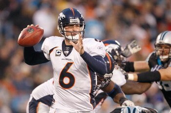 CHARLOTTE, NC - DECEMBER 14:  Quarterback Jay Cutler #6 of the Denver Broncos looks to pass the ball during the game against the Carolina Panthers at Bank of America Stadium on December 14, 2008 in Charlotte, North Carolina. (Photo by: Streeter Lecka/Gett