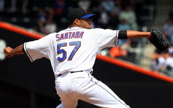 NEW YORK - APRIL 29:  Johan Santana #57 of the New York Mets delivers a pitch against the Florida Marlins on April 29, 2009 at Citi Field in the Flushing neighborhood of the Queens borough of New York City. The Marlins defeated the Mets 4-3.  (Photo by Ji