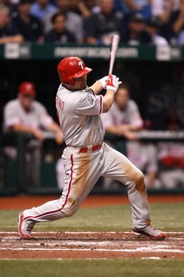 ST PETERSBURG, FL - OCTOBER 22:  Shane Victorino #8 of the Philadelphia Phillies bats the Tampa Bay Rays during game one of the 2008 MLB World Series on October 22, 2008 at Tropicana Field in St. Petersburg, Florida.  (Photo by Elsa/Getty Images)