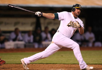 OAKLAND, CA - APRIL 10: Jason Giambi #16 of the Oakland Athletics bats against the Seattle Mariners during Opening Day at a Major League Baseball game on April 10, 2009 at the Oakland Coliseum in Oakland, California. (Photo by Jed Jacobsohn/Getty Images