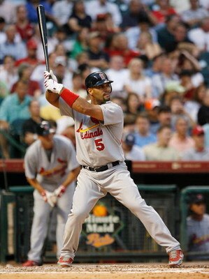 HOUSTON - APRIL 07:  First baseman Albert Pujols #5 of the St. Louis Cardinals bats against the Houston Astros during the second  inning on April 7, 2008 at Minute Maid Park In Houston, Texas.  (Photo by Bob Levey/Getty Images)
