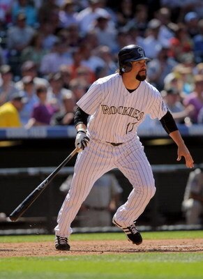 DENVER - APRIL 29:  First baseman Todd Helton #17 of the Colorado Rockies takes an at bat against the San Diego Padres during MLB action at Coors Field on April 29, 2009 in Denver, Colorado. The Rockies defeated the Padres 7-5.  (Photo by Doug Pensinger/G