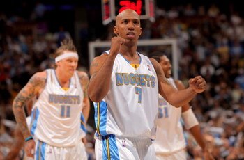 DENVER - MAY 05:  Chauncey Billups #7 of the Denver Nuggets reacts as the Nuggets take a 15-point lead in the fourth quarter against the Dallas Mavericks in Game Two of the Western Conference Semifinals during the 2009 NBA Playoffs at Pepsi Center on May 
