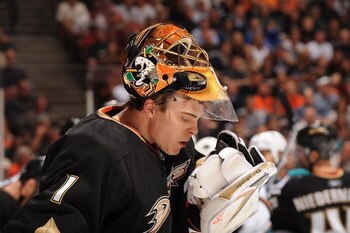 ANAHEIM, CA - APRIL 21:  Jonas Hiller #1 of the Anaheim Ducks looks on against the San Jose Sharks during Game Three of the Western Conference Quarterfinal Round of the 2009 Stanley Cup Playoffs at Honda Center on April 21, 2009 in Anaheim, California. (P