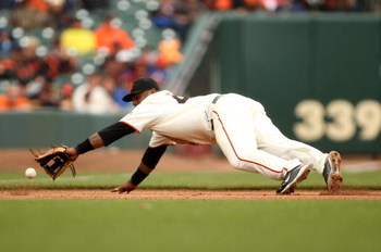 SAN FRANCISCO - MAY 02:  Pablo Sandoval #48 of the San Francisco Giants dives for a ball hit by Garrett Atkins of the Colorado Rockies out on May 2, 2009 at AT&T Park in San Francisco, California.  (Photo by Ezra Shaw/Getty Images)