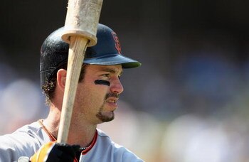 LOS ANGELES, CA - SEPTEMBER 21:   Aaron Rowand #33 of the San Francisco Giants waits on deck during the game against the Los Angeles Dodgers at Dodger Stadium on September 21, 2008 in Los Angeles, California.  The Giants defeated the Dodgers in 11 innings