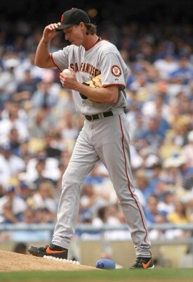 LOS ANGELES, CA - APRIL 13:  Pitcher Randy Johnson #51 of the San Francisco Giants takes the mound during the game with the Los Angeles Dodgers on April 13, 2009 at Dodger Stadiium in Los Angeles, California.  The Dodgers won 11-1.  (Photo by Stephen Dunn