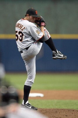 MILWAUKEE - APRIL 4: Jonathan Sanchez #53 of the San Francisco Giants winds up to deliver a pitch against the Milwaukee Brewers during the Opening Day game on April 4, 2008 at Miller Park in Milwaukee, Wisconsin. (Photo by Jonathan Daniel/Getty Images)