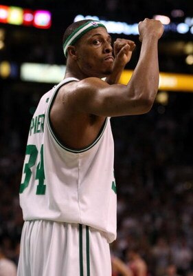 BOSTON - MAY 02:  Paul Pierce #34 of the Boston Celtics celebrates the win over the Chicago Bulls in Game Seven of the Eastern Conference Quarterfinals during the 2009 NBA Playoffs at TD Banknorth Garden on May 2, 2009 in Boston, Massachusetts. The Celtic