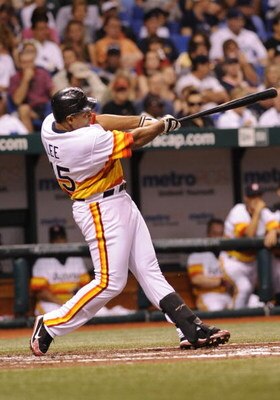 ST. PETERSBURG, FL - JUNE 21: Designated hitter Carlos Lee #45 of the Houston Astros follows through on a home-run swing in the fourth inning against the Tampa Bay Rays June 21, 2008 at Tropicana Field in St. Petersburg, Florida.  (Photo by Al Messerschmi