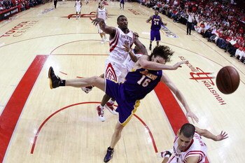 HOUSTON - MAY 08:  Guard Ron Artest #96 of the Houston Rockets commits a flagrant foul on Pau Gasol #16 of the Los Angeles Lakers in Game Three of the Western Conference Semifinals during the 2009 NBA Playoffs at Toyota Center on May 8, 2009 in Houston, T