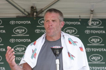 HEMPSTEAD, NY - AUGUST 09:  Quarterback Brett Favre #4 of the New York Jets speaks to the media in his first day of Jets Training Camp at the team's facilities on August 9, 2008 in Hempstead, New York.  (Photo by Mike Stobe/Getty Images)