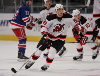 NEW YORK - SEPTEMBER 27: Pierre-Luc Letourneau-Leblond #58  of the New Jersey Devils skates against the New York Rangers on September 27, 2008 at Madison Square Garden in New York City. The Devils defeated the Rangers 4-2. (Photo by Bruce Bennett/Getty Im