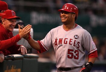 OAKLAND, CA - MAY 04:  Bobby Abreau #53 of the Los Angeles Angels of Anaheim celebrates after scoring on a single hit by Michael Napoli in the third inning against the Oakland Athletics during a Major League Baseball game on May 4, 2009 at the Oakland Col
