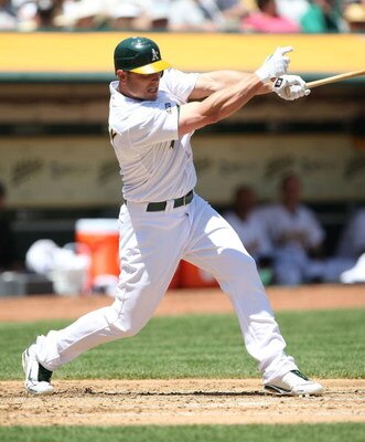 OAKLAND, CA - MAY 07:  Matt Holliday #5 of the Oakland Athletics bats against the Texas Rangers during a Major League Baseball game on May 7, 2009 at the Oakland Coliseum in Oakland, California.  (Photo by Jed Jacobsohn/Getty Images)