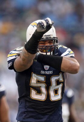 SAN DIEGO - NOVEMBER 25:  Shawne Merriman #56 of the San Diego Chargers reacts to a tackle against the Baltimore Ravens en route to the Chargers's 32-14 win during their NFL Game at Qualcomm Stadium November 25, 2007 in San Diego, California.  (Photo by D