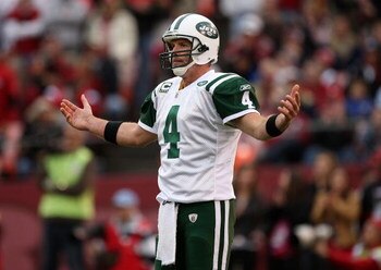 SAN FRANCISCO - DECEMBER 07:  Brett Favre #4 of the New York Jets  looks on against the San Francisco 49ers during an NFL game on December 7, 2008 at Candlestick Park in San Francisco, California.  (Photo by Jed Jacobsohn/Getty Images)