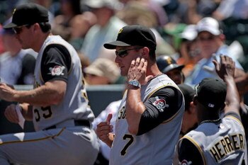 DENVER - JULY 20:  Manager John Russell #7 of the Pittsburgh Pirates sends signals as he directs his team against the Colorado Rockies at Coors Field on July 20, 2008 in Denver, Colorado. The Rockies defeated the Pirates 11-3.  (Photo by Doug Pensinger/Ge