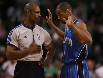 BOSTON - MAY 06: Rafer Alston #1 of the Orlando Magic pleads his case with a referee as the Boston Celtics shoot a free throw in Game Two of the Eastern Conference Semifinals during the 2009 NBA Playoffs at TD Banknorth Garden on May 6, 2009 in Boston, M