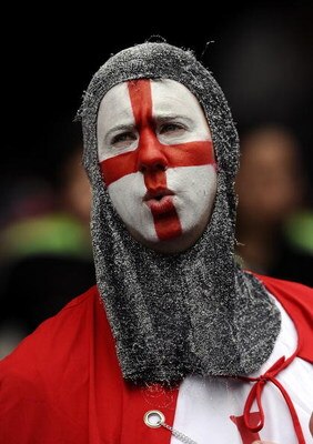 HONG KONG - MARCH 29:  A rugby fan with face painted with the England national colours enjoys day three of the IRB Hong Kong Sevens at Hong Kong Stadium on March 29, 2009 in Hong Kong. (Photo by Victor Fraile/Getty Images)