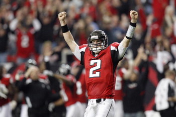 ATLANTA - NOVEMBER 16: Quarterback Matt Ryan #2 of the Atlanta Falcons celebrates the touchdown during the game against the Denver Broncos at the Georgia Dome on November 16, 2008 in Atlanta, Georgia. (Photo by Kevin C. Cox/Getty Images)