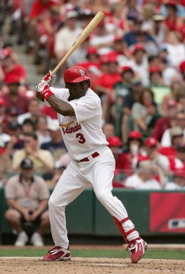 ST. LOUIS - JULY 4:  Edgar Renteria #3 of the St. Louis Cardinals stands ready at bat during the game against the Seattle Mariners on July 4, 2004 at Busch Stadium in St. Louis, Missouri. The Cardinals won 2-1.  (Photo by Dilip Vishwanat/Getty Images)