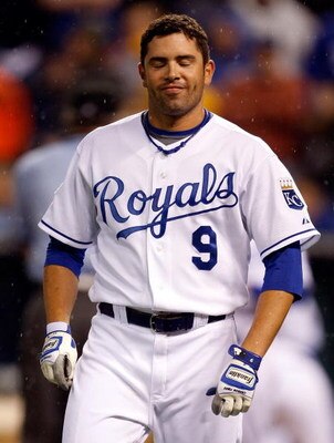 KANSAS CITY, MO - MAY 05:  David DeJesus #9 of the Kansas City Royals reacts after striking out with the bases loaded in the sixth inning against the Chicago White Sox on May 5, 2009 at Kauffman Stadium in Kansas City, Missouri.  (Photo by Jamie Squire/Ge