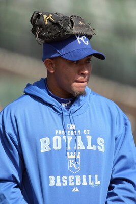 CHICAGO - APRIL 07: Miguel Olivo #21 of the Kansas City Royals jokes with teammates before the Opening Day game against the Chicago White Sox on April 7, 2009 at U.S. Cellular Field in Chicago, Illinois. The White Sox defeated the Royals 4-2. (Photo by Jo