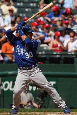 ARLINGTON, TX - APRIL 19:  Shortstop Mike Aviles #30 of the Kansas City Royals at bat on April 19, 2009 at Rangers Ballpark in Arlington, Texas.  (Photo by Ronald Martinez/Getty Images)
