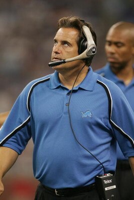 DETROIT - SEPTEMBER 11:  Head Coach Steve Mariucci of the Detroit Lions looks on during the game against the Green Bay Packers on September 11, 2005 at Ford Field in Detroit, Michigan. The Lions defeated the Packers 17-3.  (Photo by Jonathan Ferrey/Getty 