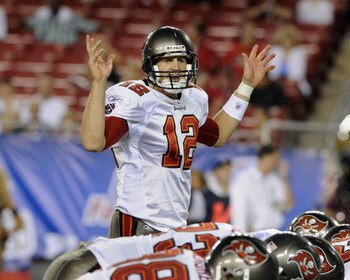TAMPA, FL - AUGUST 23: Quarterback Luke McCown #12 of the Tampa Bay Buccaneers calls a play against the Jacksonville Jaguars at Raymond James Stadium on August 23, 2008 in Tampa, Florida.   (Photo by Al Messerschmidt/Getty Images) 