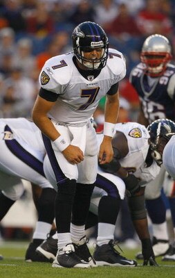 FOXBORO, MA - AUGUST 7:  Kyle Boller #7 of the Baltimore Ravens prepares for a play against the New England Patriots during a preseason game at Gillette Stadium on August 7, 2008 in Foxboro, Massachusetts.  (Photo by Jim Rogash/Getty Images)