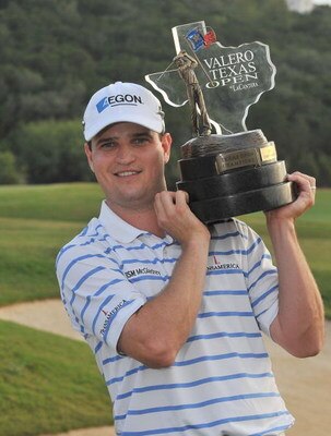 SAN ANTONIO- OCTOBER 12: Zach Johnson hold the winners trophy at the Valero Texas Open held at La Cantera Golf Club on Sunday, October 12, 2008 in San Antonio, Texas.  (Photo by Marc Feldman\Getty Images)
