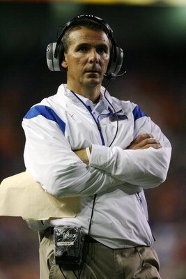 GAINESVILLE, FL - NOVEMBER 15:  Head coach Urban Meyer of the Florida Gators watches his team take on against the South Carolina Gamecocks at Ben Hill Griffin Stadium on November 15, 2008 in Gainesville, Florida. Florida defeated South Carolina 56-6.  (Ph