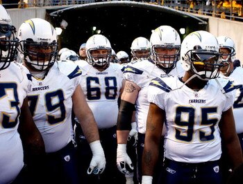 PITTSBURGH - JANUARY 11:  Mike Goff #79, Kris Dielman #68, Jeromey Clary #66 and Shaun Phillips #95 of the San Diego Chargers wait in the tunnel before taking the field against the Pittsburgh Steelers during their AFC Divisional Playoff Game on January 11