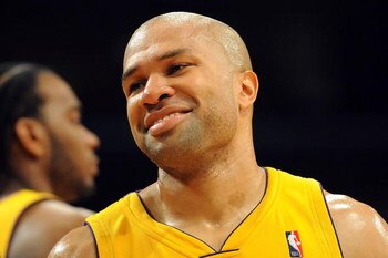 LOS ANGELES, CA - MAY 06:  Derek Fisher #2 of the Los Angeles Lakers smiles after he was ejected in the third quarter for committing a flagrant-two on Luis Scola #4 of the Houston Rockets in Game Two of the Western Conference Semifinals during the 2009 NB