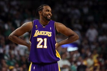 BOSTON - JUNE 05:  Ronny Turiaf #21 of the Los Angeles Lakers looks on while taking on the Boston Celtics in Game One of the 2008 NBA Finals on June 5, 2008 at TD Banknorth Garden in Boston, Massachusetts. NOTE TO USER: User expressly acknowledges and agr