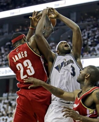 WASHINGTON - MAY 2: Brendan Haywood #33 of the Washington Wizards gets the ball knocked away by LeBron James #23 of the Cleveland Cavaliers in Game Six of the Eastern Conference Quarterfinals during the 2008 NBA Playoffs at the Verizon Center on May 2, 20