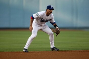 LOS ANGELES, CA - JULY 07:  Shortstop Nomar Garciaparra #5 of the Los Angeles Dodgers sets for a play against the Atlanta Braves on July 7, 2008 at Dodger Stadiium in Los Angeles, California. The Dodgers won 3-0.  (Photo by Stephen Dunn/Getty Images)