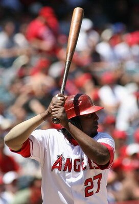 ANAHEIM, CA - AUGUST 06:  Vladimir Guerrero #27 of the Los Angeles Angels of Anaheim bats against the Baltimore Orioles during the game at Angel Stadium on August 6, 2008 in Anaheim, California.   The Angels defeated the Orioles 9-4.  (Photo by Christian 