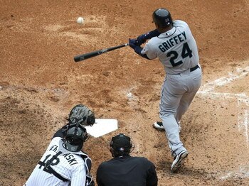 CHICAGO - APRIL 29: Ken Griffey, Jr. #24 of the Seattle Mariners hits a two run triple in the 5th inning against the Chicago White Sox on April 29, 2009 at U.S. Cellular Field in Chicago, Illinois. (Photo by Jonathan Daniel/Getty Images)