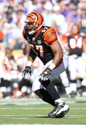 BALTIMORE - SEPTEMBER 7: Linebacker Dhani Jones #57 of the Cincinnati Bengals looks to make a tackle against the Baltimore Ravens at M&T Bank Stadium on September 7, 2008 in Baltimore, Maryland. The Ravens won 17-10. (Photo by Ned Dishman/Getty Images)