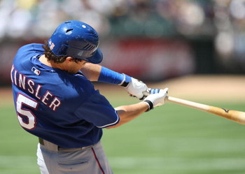 OAKLAND, CA - MAY 07: Ian Kinsler #5 of the Texas Rangers bats against the Oakland Athletics during a Major League Baseball game on May 7, 2009 at the Oakland Coliseum in Oakland, California. (Photo by Jed Jacobsohn/Getty Images)