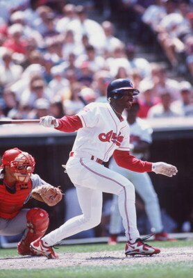 18 May 1996:  Outfielder Kenny Lofton of the Cleveland Indians in action during the Indians 6-3 loss to the Texas Rangers at Jacobs Field in Cleveland, Ohio. Mandatory Credit: Rick Stewart/ALLSPORT