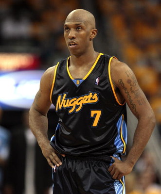 NEW ORLEANS - APRIL 25: Chauncey Billups #7 of the Denver Nuggets looks across the court during Game Three of the Western Conference Quarterfinals against the New Orleans Hornets during the 2009 NBA Playoffs at New Orleans Arena on April 25, 2009 in New